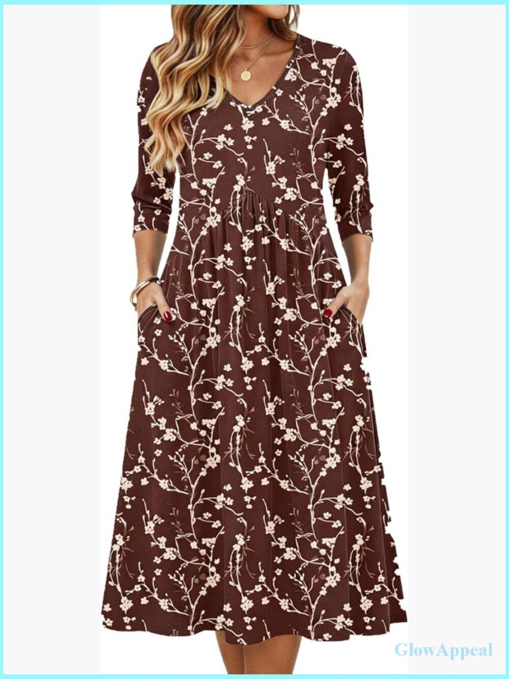 Midi Dress with Pockets 3/4 Sleeve V-Neck Casual T-Shirt Style